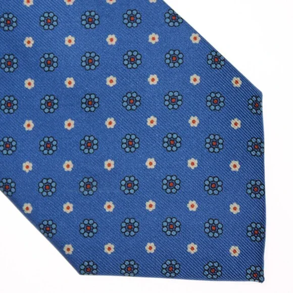 Drake's NWT Neck Tie in Blue with White & Orange Mini Floral Print 100% Silk